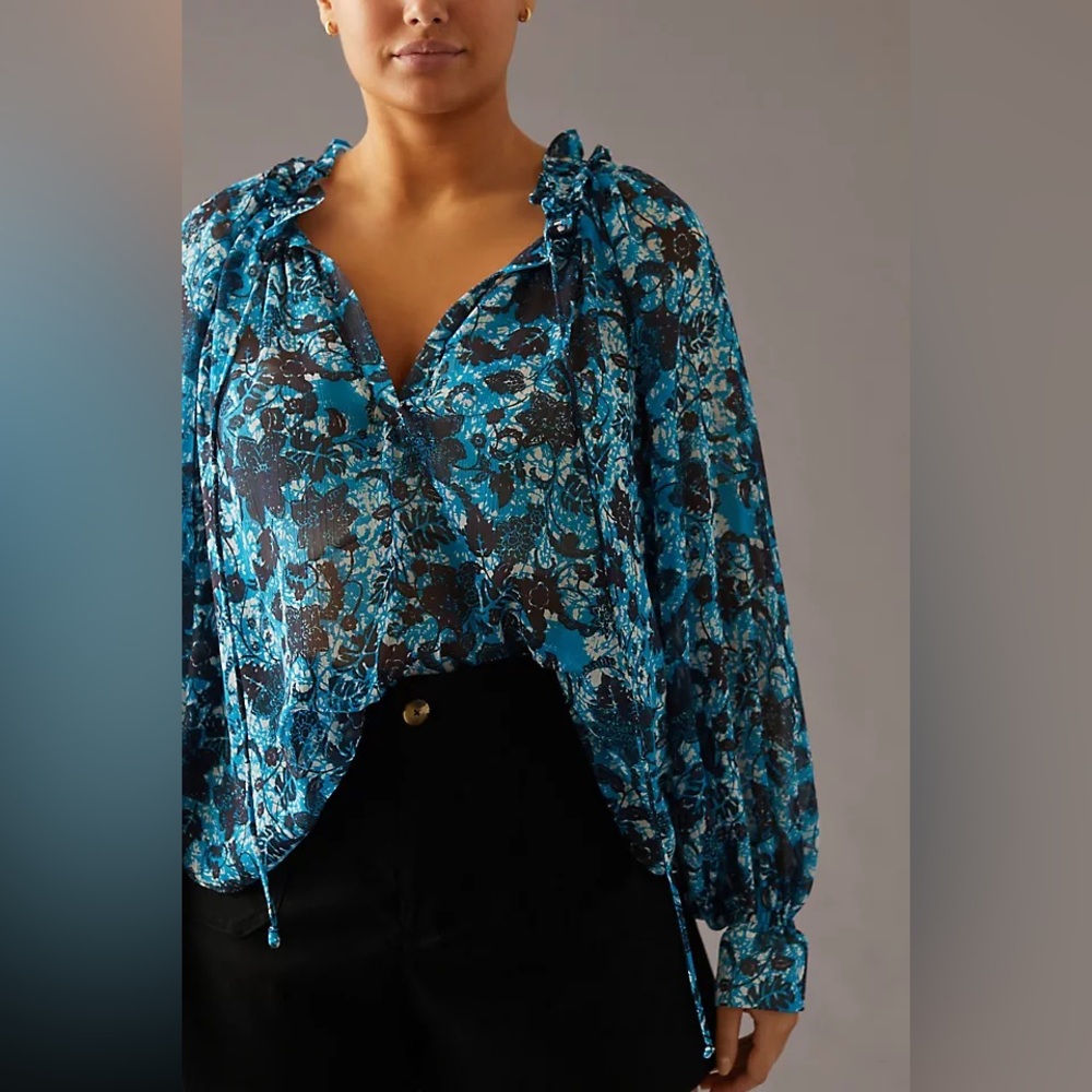 Anthropologie Sheer Blue Floral Tie Neck Boho Blouse XS